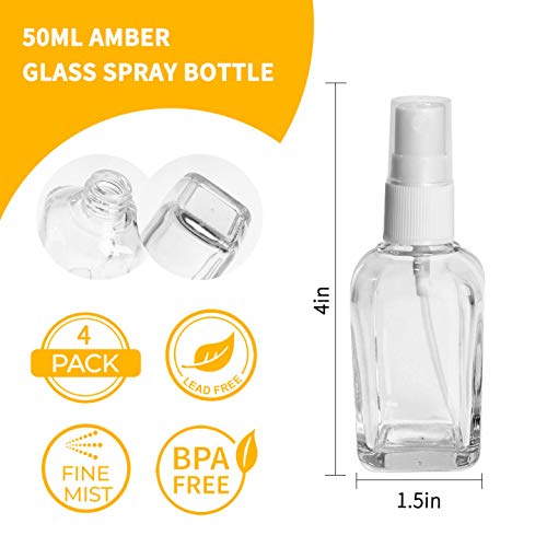4 Pack 1.7oz 50 ml Square Clear Glass Spray Bottles with Fine Mist Sprayer & Dust Cap for Essential Oils, Perfumes,Cleaning Products.Included 1 Brush,4 Extra Sprayers,1 Funnels,2 Droppers & 6 Labels.