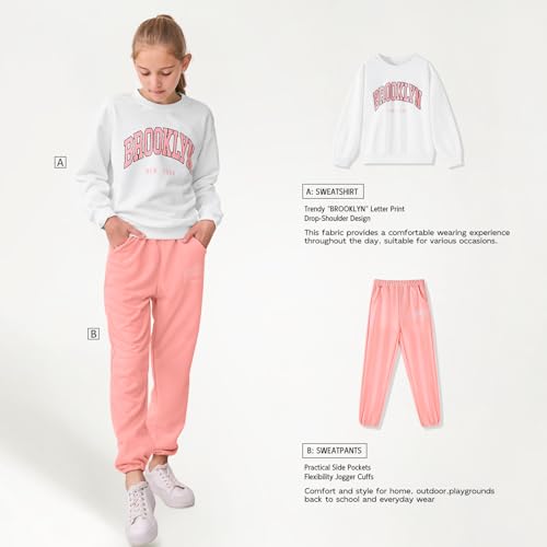 Image of DREAM BUS Girl Letter Print Clothes Drop Shoulder Sweatshirt and Pants with Pockets for Girls Tween Girl Fall Pants Set