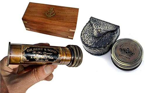 Victorian Brass Kaliedo Scope in Vintage Wooden Box + Kalvin Hughes Antique Brass Compass in Leather Case