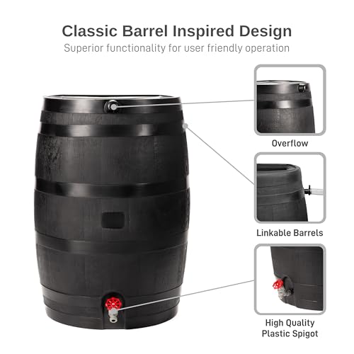 Image of RTS Home Accents 50-Gallon ECO Rain Barrel Made with 100% Recycled Plastic, Flat Back Rain Water Collection Barrel, Stand Included, Black