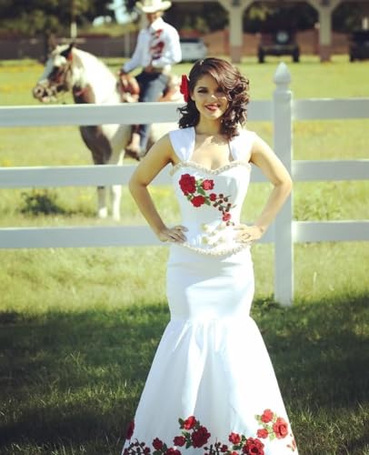 Red Floral Flowers Embroidered Appliques Mermaid Quinceanera Dress Charro Mexican Party Dress 20252