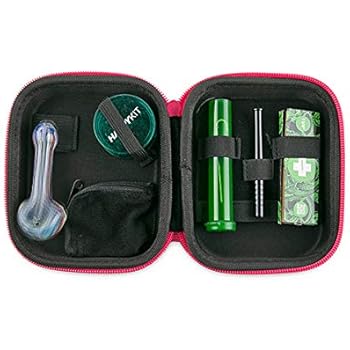 Stash Case Happy Kit Deluxe Bundle Smell Proof Pouch All in One, Magnetic 2 Piece Herb Grinder, 1 1/4 Rolling Papers, Doob Tube, Filter Tips, More (Pink)