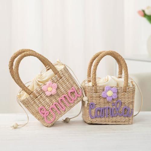 Personalized Crossbody Straw Bag Toddler Girl Flower Play Purse Custom Name Little Girl Beach Hand Bags Embroidered Baby Girls Purses with Customized Name Gift Basket Kids Tote Bag Birthday Gifts3