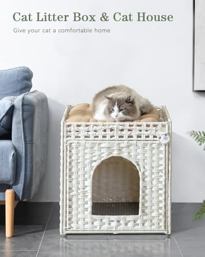 Image of SETVSON Cat Litter Box Enclosure Furniture, Hidden PE Rattan, White | PE Rattan Kitty House with Top Fence, Fits Standard Litter Box, Included Litter Mat, 2 S-Hooks, Sturdy Metal Frame