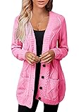 Womens Cardigan Sweater Open Front Coat Button Down Casual Long Cardigan Outwear with Pockets Pink