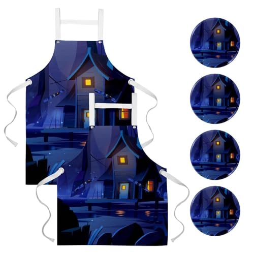 Lot de 2 tabliers de cuisine multicolores One avec motifs de forêt en bois pour bistrot et bar