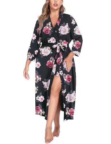 Image of IN'VOLAND Womens Plus Size Kimono Robes Long Knit Bathrobe V Neck Ladies Loungewear Lightweight Soft Sleepwear 1X-5X