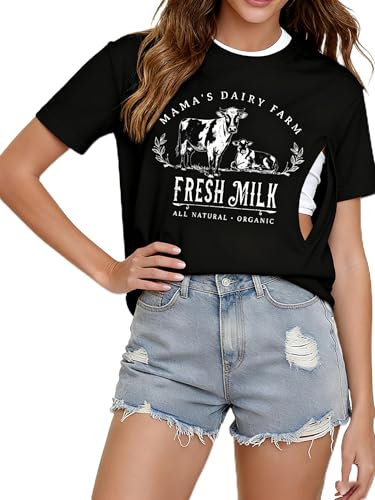 Image of UNIQUEONE Comfort Breastfeeding Shirts for Women Zip Nursing Tops Casual Distressed Acid Washed Maternity Tees