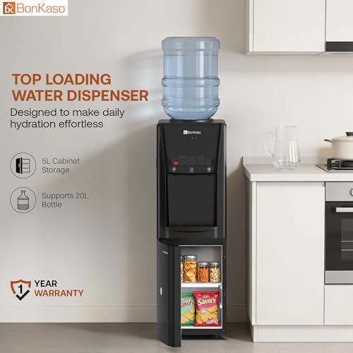 Image of BonKaso Top Loading Hot, Cold & Normal Water Dispenser | 20L Non-refrigerated Cabinet | Food-Grade ABS Body, LED Indicator, Child Lock, Removable Drip Tray | 1 Year Warranty | Black