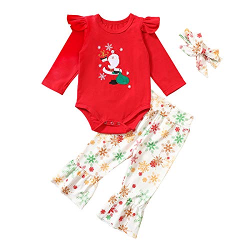 Baby Girl Christmas Outfits Toddle Kid Santa Claus Ruffles Romper+Bell Bottom Pants+Snowflake Headband 3Pc Clothes(Red, 0-6 Months)