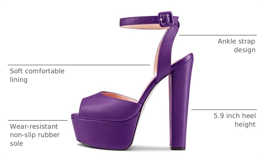 Image of NobleOnly Womens High Block Platform Heel Peep Toe Ankle Strap Sandals Buckle Prom Dress Shoes 5.9 Inches Heels