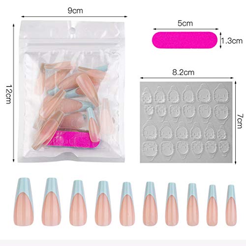 Outyua French Extra Long Press on Nails Glossy Coffin Fake Nails V Shape Super Long False Nails Acrylic Ballerina Full Cover Nails 20Pcs for Woemen and Girls (Light Blue)