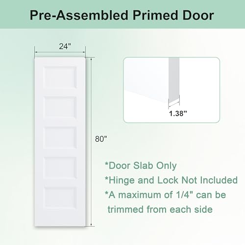 Image of JUBEST 24 inchx80 inch 5-Panel Shaker Style White Primed Hollow Core Interior Molded Door Slab, NOT Pre-drilled and NOT Included Hardware, Pre-Assembled Interior Door for Pantry, Laundry, Closet