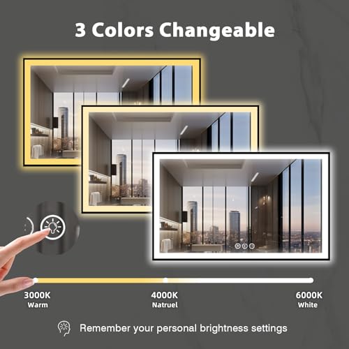 60x40 LED Mirror for Bathroom, Black Metal Framed, Vanity Mirror with Lights, 3 Color Modes, Dimmable CRI90+, Double Lights, Anti-Fog, Shatter-Proof, Waterproof, Memory (Horizontal/Vertical)