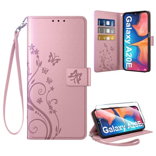 Coiwxmoi Cover per Samsung Galaxy A20E + 1 Vetro Temperato, Retro Design Premium in Pelle PU Portafoglio Custodia Slot per Schede Flip Cover per Samsung A20E, Oro Rosa