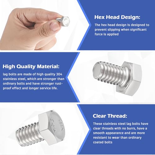 Image of Zonon 50 Pcs 5 /16-18 x 1 /2 inch Hex Head Screw Bolt 18-8 (304) Stainless Steel Hexagon Bolts, Fully Threaded, Plain Finish, External Hex Drive (Silver)
