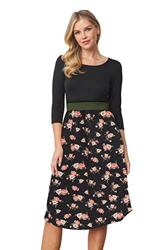 Image of Eloges Women's 3 /4 Sleeve Contrast Waist Band Floral Curved Hem Midi Dress