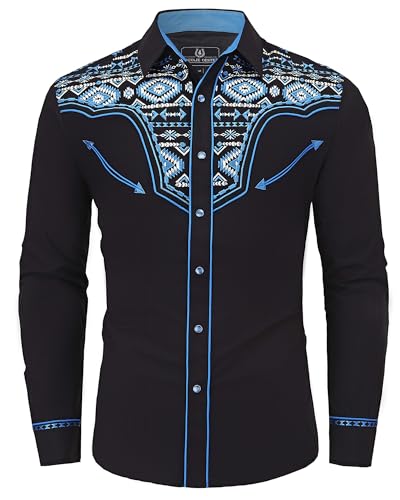 SALVAJE OESTE Men's Long Sleeve Aztec Embroidery Western Cowboy Shirt Snap Button Down Embroidered Shirt