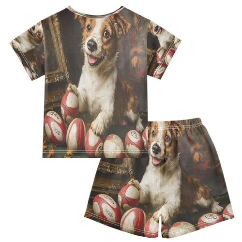 ALAZA Cute Dog American Football Rugby Pajamas Set Short Sleeve Cotton Sleepwear Summer Pjs 2 Piece 5-14Y2