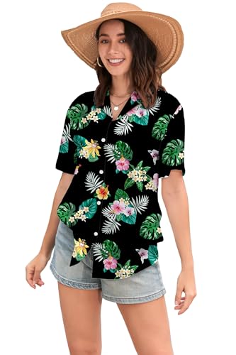 Image of SANGTREE Girls & Women's Hawaiian Shirts Button Down Short Sleeve Floral Tropical Shirt Beach Vacation Blouse Tops
