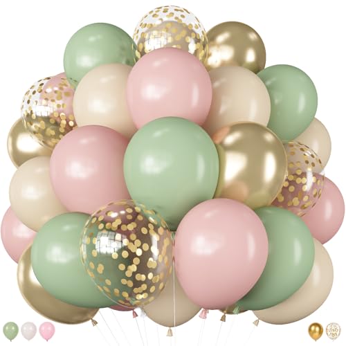 Image of Pink and Green Balloons, 50 Pcs 12 Inch Sage Green Pink White Metallic | Gold Baby in Bloom Balloons for Boho Baby Shower Jungle Woodland Floral Fairy First Birthday Wedding Party Decorations