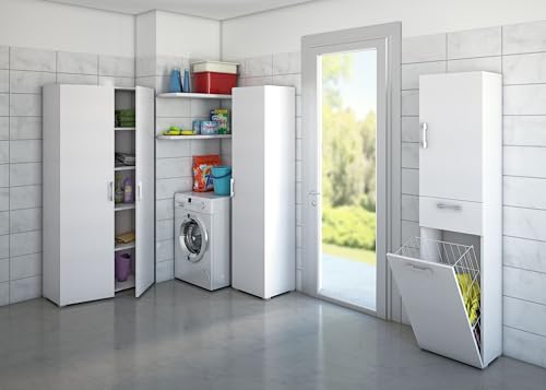 Terraneo Mobile Multiuso Con Cestello Portabiancheria Estraibile, Colore Bianco, Ideale Per Bagno O Lavanderia, Salvaspazio – Dimensioni 45X32X195 Cm - 3