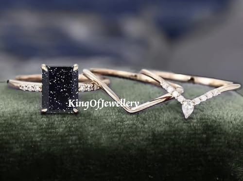 K O J Emerald Cut Blue Sandstone Engagement/Wedding Ring+Bands, Dainty Cz Ring Set of 3, Anniversary Ring, Bridal Ring, Vintage Ring, Best Gift For Her, Sterling Silver Ring, Stacking Ring2