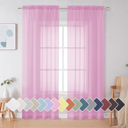 Image of Simplebrand Pink Sheer Curtains 84 Inches Long, Light Filtering Rod Pocket Solid Color Window Sheer Curtain Panels, Elegant Curtains & Drapes for Living Room, Bedroom 2 Panels (42 inch W x 84 inch L)