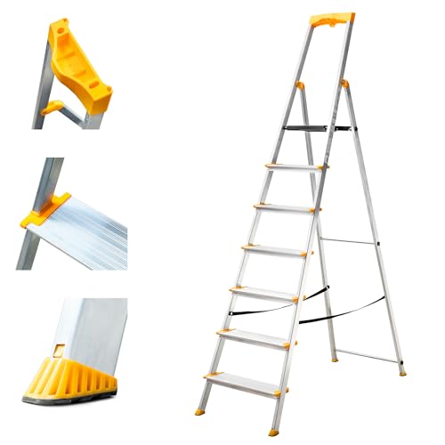 HOSTRÖM Escabeau 7 marches en Aluminium, Escabeau Pliable sécurisé, Porte-Outils, Marches Extra-Large 12cm, Usage Domestique et Pro, Garantie 5 Ans