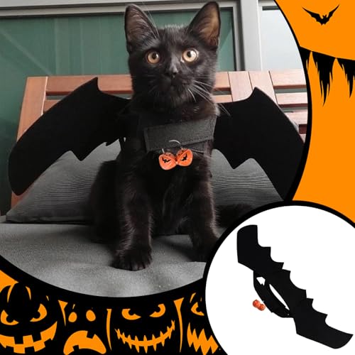 Halloween Kostüm Katze Fledermaus Flügel,Haustier Katzen Kleidung Fledermausflügel Costume,Pet Cat Bat Wings Kostüme Schwarze Katzenkostüm mit Kürbisglocken,für Haustiere Kitten Cats Cosplay Clothing
