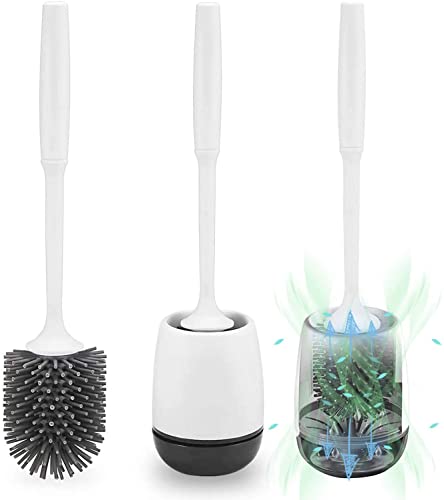 Klobürste Silikon, Toilettenbürste WC Bürste mit Halter Wandmontage & Stehen Silikon mit Schnell Trocknendem Haltersatz für Badezimmer – Weiß (Schwarz & Weiß)