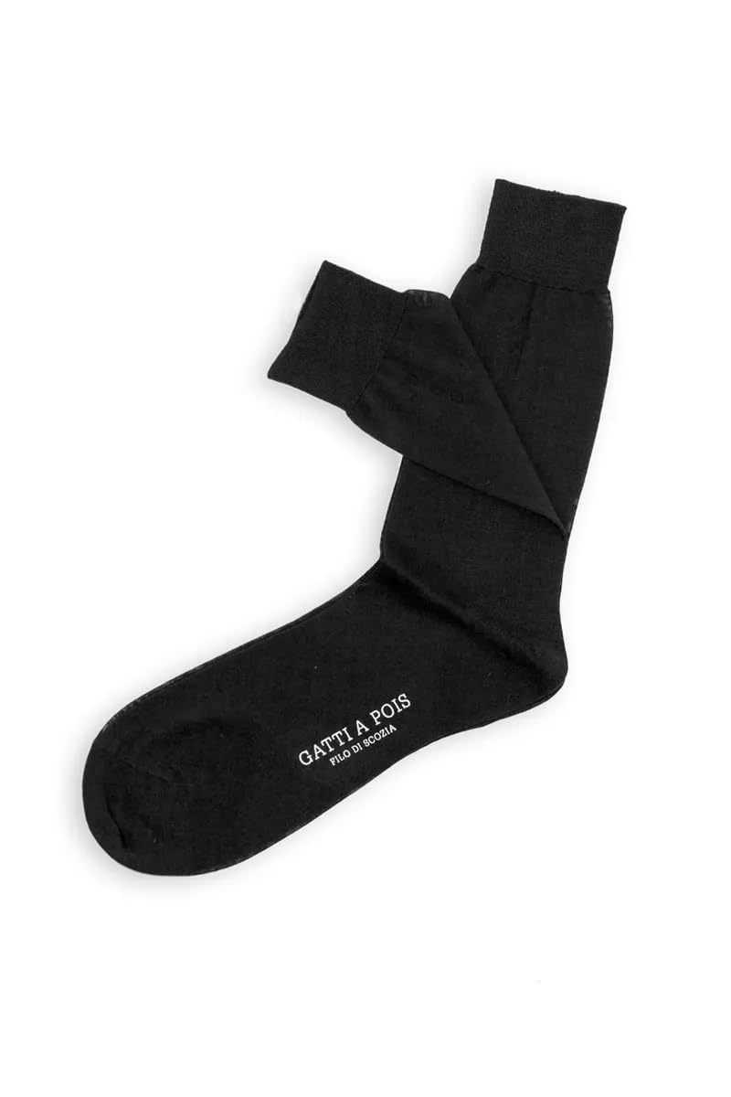GATTI A POIS 5 Paia Calze Corte Uomo in Filo di Scozia, Total black, Lavorazioni Miste, Elegante, Mezzagamba, Made in Italy