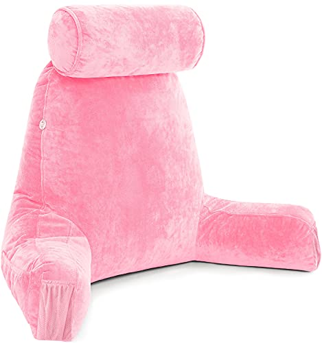 Husband Pillow Medium Pink, Backrest For Kids, Teens, Petite Adults - Reading Pillows With Arms, Adjustable Loft, Plush Memory Foam, Bed Rest Chair For Sitting Up, Detach Neck Roll, Removable Cover #TOP11