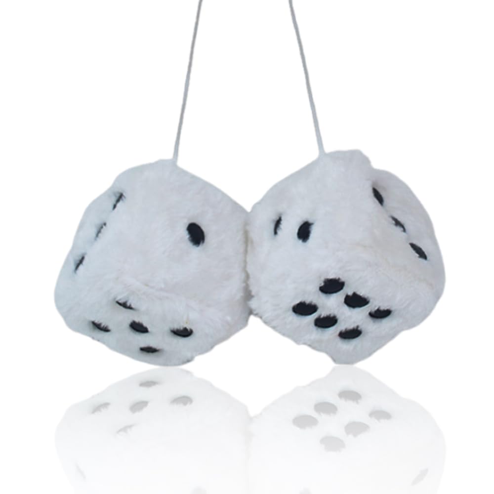 Mioyoow White Fuzzy Plush Dice, Universal Fashionable Car Square Decoration Easy To Install Dice Car Hanging Furry Dice With Dots For Car Rearview Mirror