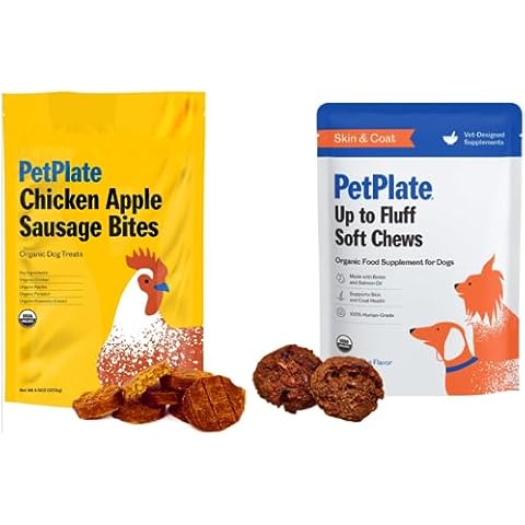 PetPlate Fluffy Dog Bundle - Chicken Apple Sausage Dog Treats and Up to Fluff Soft Chews Skin and Coat Support Supplements Cover