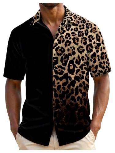 VIPWOLF Mens Leopard Print Shirt Button Down Short Sleeve Collared Summer Cheetah Animal Disco Casual Trendy Tops Black Leopard Large