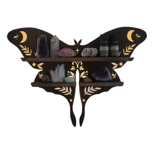 Coppermoon Witchcraft Decor, Rustic Wooden Shelf for Gothic Homeware and Hanging Crystals - Handcrafted Grunge Room Decor Luna Moth Floating Wall Shelf Decoration (Brown)