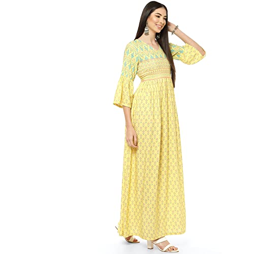 Image of Rangriti Yellow Viscose Flared Dress for Women