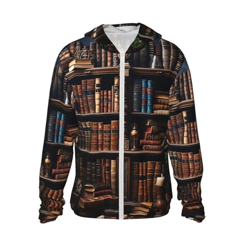 UPF 50+ Sun Protection Hoodie Long Sleeve Books on The Bookshelf Sun Shirt Rash Guard Fishing Shirts for Men