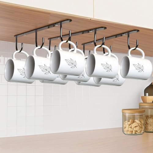 Nmgkokew 3 soportes para tazas. Soporte para tazas de café para colgar debajo de los estantes. Soporte para tazas con 3 ganchos para exhibir mugs, Adhesivo/perforación 2 maneras de instalar