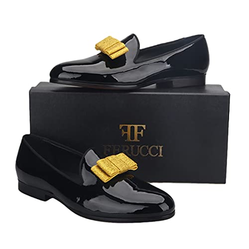 FERUCCI Men Plain Black Patent Leather with Gold Bow Slippers Loafers Prom Wedding2