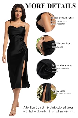 Image of Wedding Guest Dress for Women Spaghetti Strap Satin Slip Dresses | Slit Midi Dress, Cowl Neck, Cocktail, Formal, Evening Party
