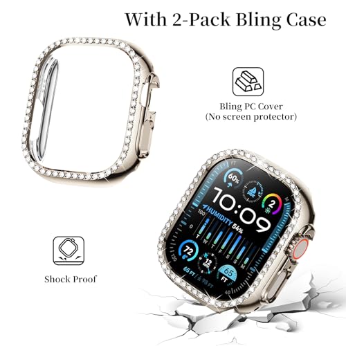Image of SUPOIX for Apple Watch Band 49mm + Case, Bling Bands for Women (Champagne) | Shiny Metal Bands & 2 Pack Protective Cover Cases for iWatch Ultra 49mm