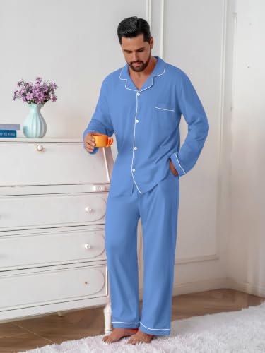 Image of QZH.DUAO Mens Pajama Set 100% Cotton Long Sleeve Button Down PJs