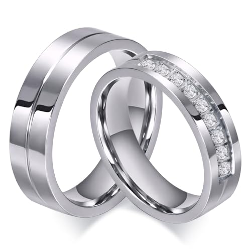 SWOPAN Couple Rings for Him and Her Stainless Steel Matching Promise Ring Princess Cut Bridal...