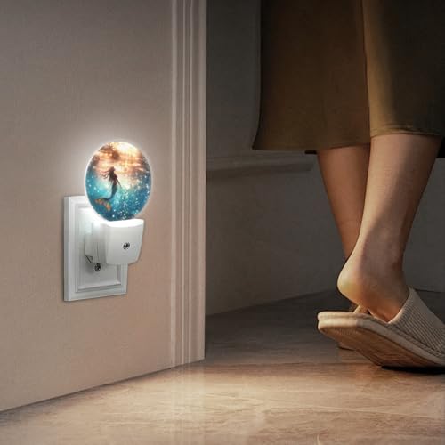 Image of Round LED Night Lights Lamp with Dusk to Dawn Sensor, Beautiful Mermaid Swimming in The Deep Sea Night Light Plug Into Wall for Kids Room, Bedroom, Bathroom, Kitchen, Hallway
