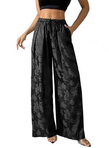 Women's Satin Wide Leg Pants Floral Textured Silky Casual Slacks High Waist Pants