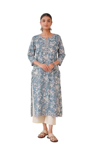 Image of GOODHAND Pure Cotton Floral Printed Long Kurta for Women | Straight Fit Ethnic Kurta | Round Neck 3 /4 Sleeve Kurta