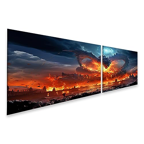 islandburner Tableau mural Dragon Speit Feu sur la ville Fantasy Dragon de feu sur toile