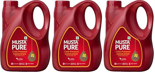 Image of Musta Pure Cold Pressed Kachi Ghani Mustard Oil 5 Litre Cooking Oil, Unrefined, Naturally Cholesterol Free, A1 Grade Real Seeds For Natural Aroma & Flavour For Roasting, Frying, Baking - Jar